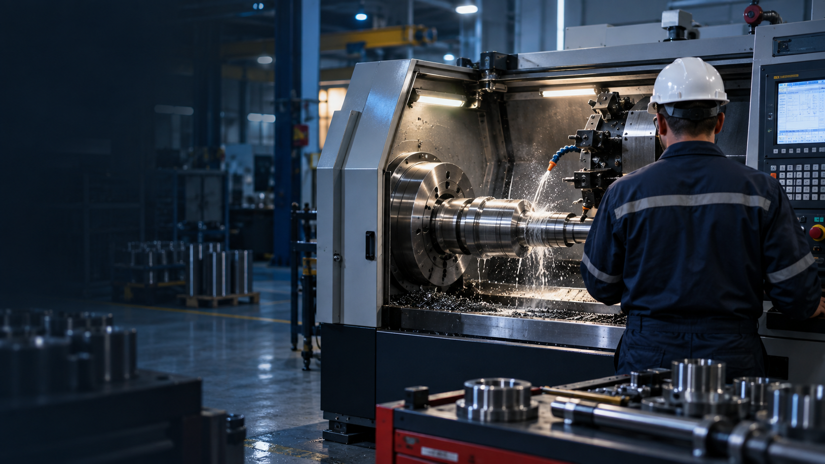 Torno CNC mecanizando eje de acero